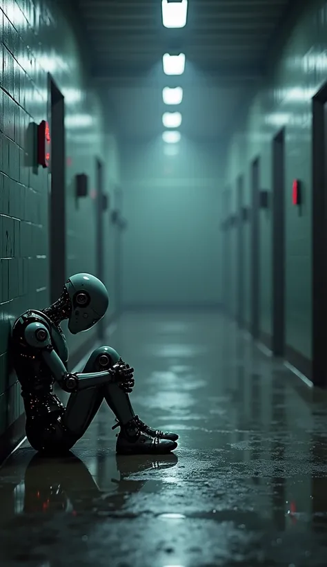 “In a cold, dimly lit factory hallway, a robot sits alone on the floor, head slightly lowered, sparks flickering gently from its...