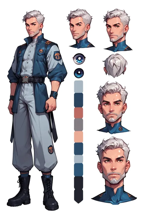 An old male trainer in the style of Ben 10 classic cartoon, muscular but aged, wearing a long tactical coat, high-tech wrist dev...