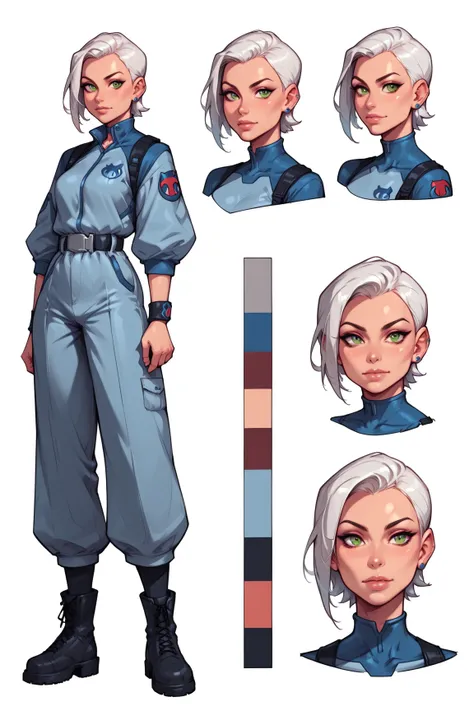 An old female trainer in the style of Ben 10 classic cartoon, muscular but aged, wearing a long tactical coat, high-tech wrist d...