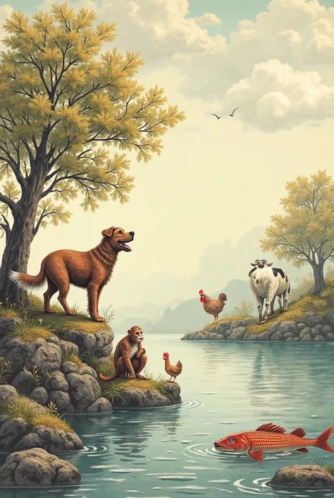 On the far right, a barking dog climbs a tree on the left, a monkey ahead of him, a  feeding a chicken and a  milking a cow, a f...