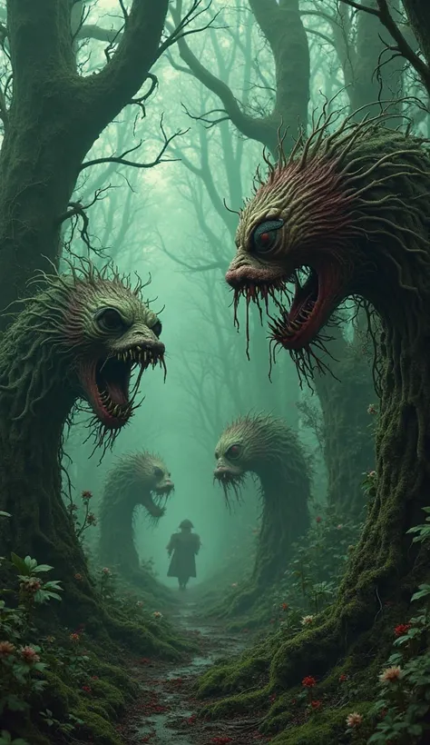 A gothic horror reimagining of the talking flowers and forest from Alice in Wonderland. The forest is twisted and dark, with gna...