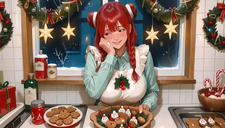 A photorealistic Christmas kitchen scene inspired by classic anime style. Three young adults women, large breasts, cute, are pre...
