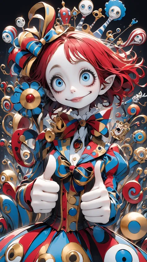 Thumbs up designed by Tim Burton, red, gold  and blue