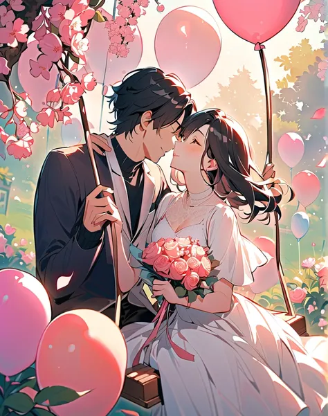 "in a dreamy garden full of blooming cherry blossoms and soft sunshine、Romantic scene of a young couple riding a swing. that gir...