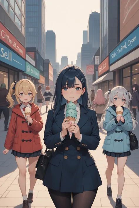 A huge orc, sells ice cream to two:1.5 girls,  in a city park 