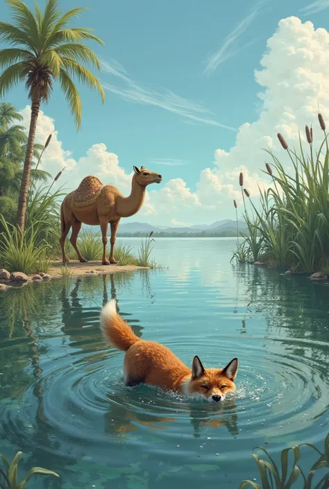 A drawing of a fox drowning in a lake and a camel watching