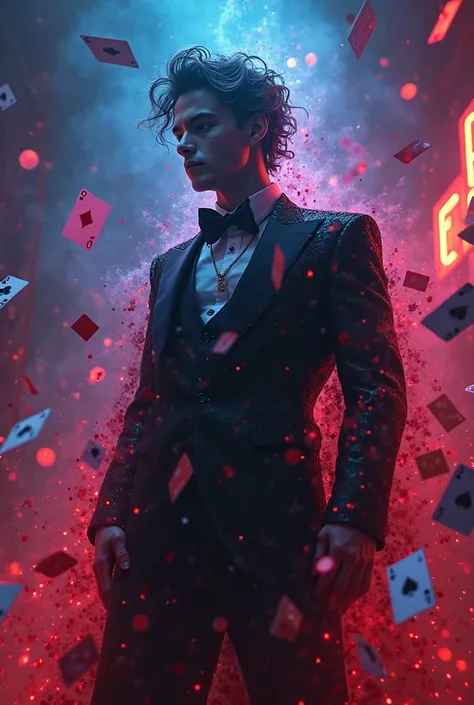 A flamboyant yet sinister young elegant warlock stands amidst floating dice and spectral playing cards, their form wreathed in t...