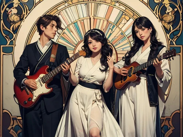 3-person rock band、Place、Guitarist, bassist, and drummer、Guitar on the right、bass on the left、drums in the middle of each、Three ...