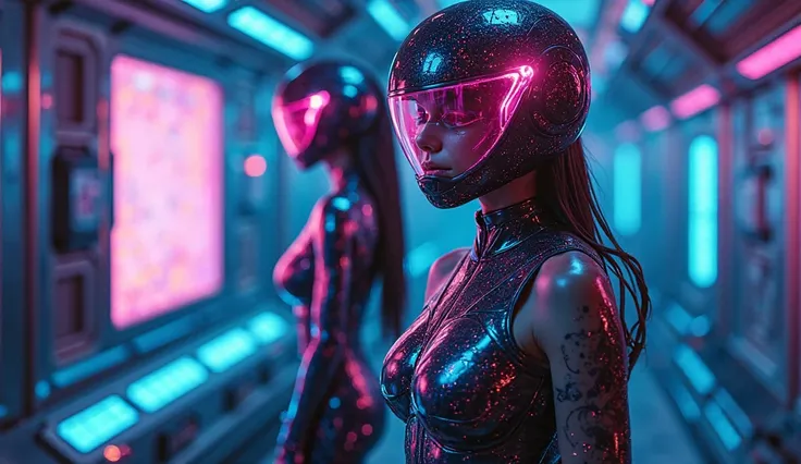 Ultra-detailed neonpunk scene: Two women in sleek, metallic bodysuits with glowing circuitry, magenta highlights, stand in a fut...