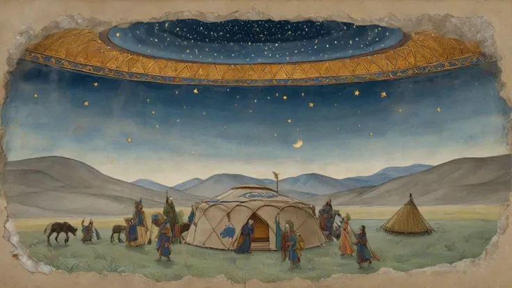Prompt 200: "Star-filled sky above yurt, felt roof haloed in moonlight, hush of steppe as journey fades to dream — late 15th cen...