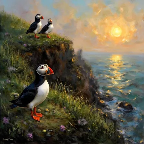 Close-up: On the left: Atlantic puffins standing on a cliff of lush green grass, flowers, and pebbles.
On the right: the sea, wi...