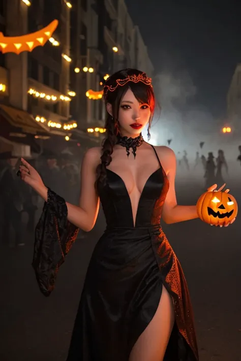 A seductive beautiful Japanese girl in a vampire cosplay, wearing a luxurious red and black velvet dress with a deep V-neck, fit...