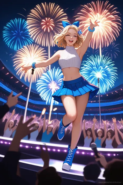A young super pretty woman, light-skinned, with shoulder-length blonde hair, is centrally positioned on a concert stage.  She ap...