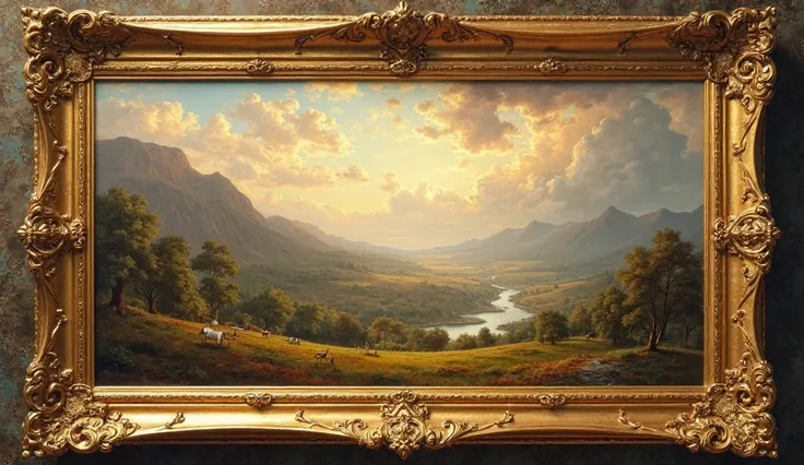 A large golden frame showcasing an elegant landscape painting, ornate detailing, rich textures, warm colors, majestic scenery --...