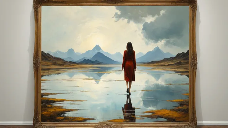 a woman walking into a mirror where the landscape is upside down — abstract oil symbolism