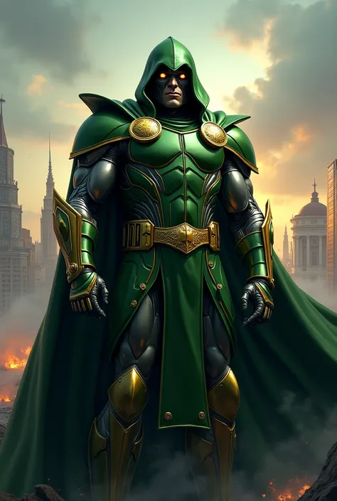 Dr. Doom on the background of Kiev in the style of Marvel and starring Robert Downey Jr.