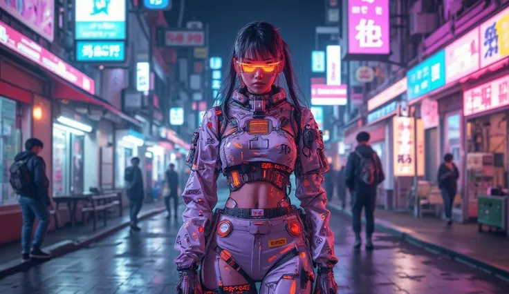 ((anime art style illustration) of (perfect Asian cyberpunk girl))), (((wearing incredibly detailed Harajuku clothing))), ((LED ...