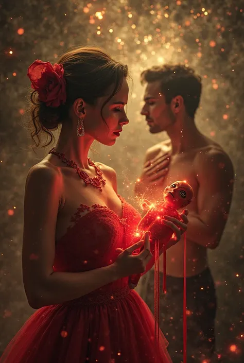A powerful, mystical fantasy image of a woman performing a spiritual ritual with a red voodoo doll. The doll is covered with glo...