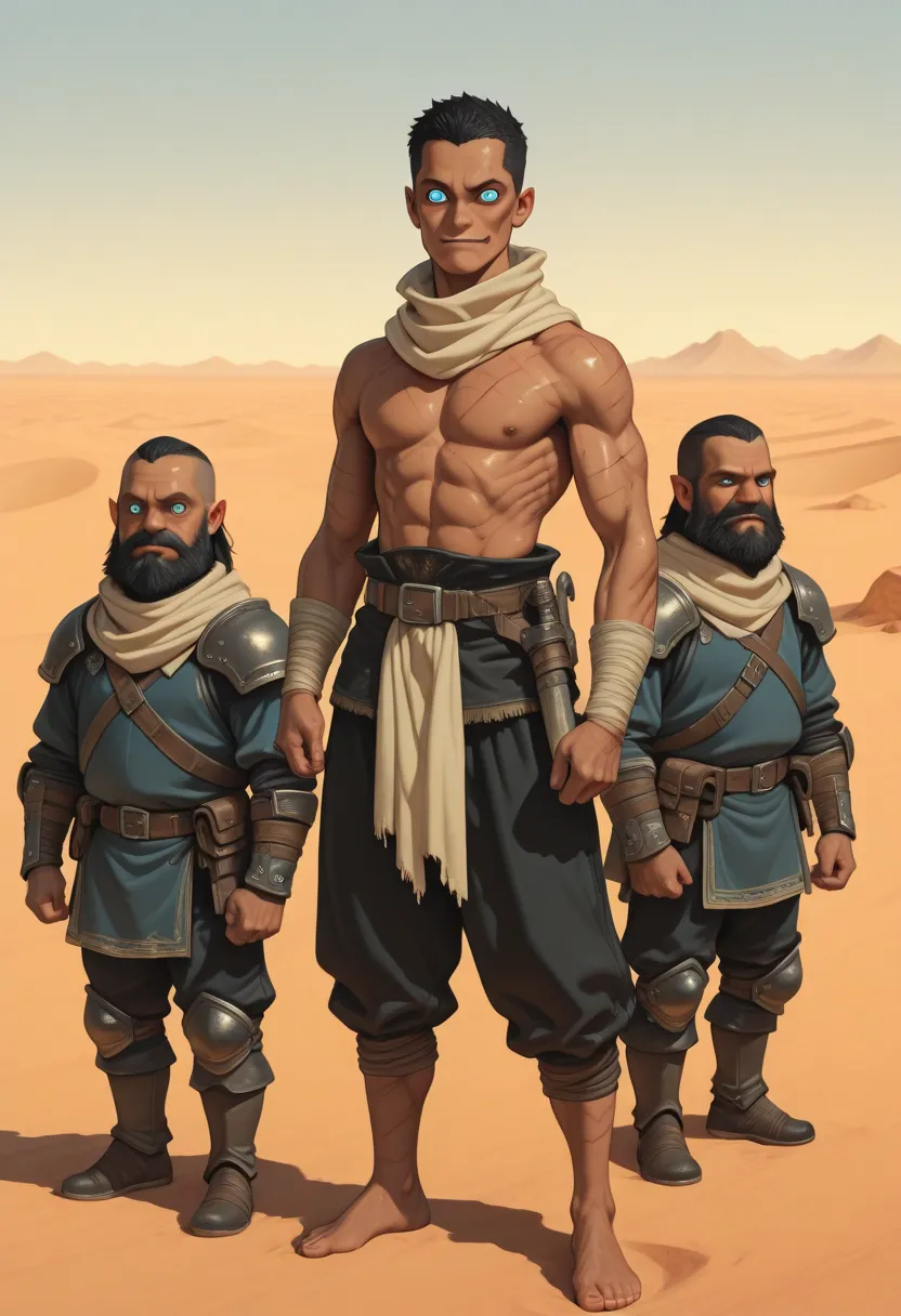 One blue-eyed male dwarf mercenary,  black hair smirks, Short hair, dark skin,  Lots of scars ,  open torso, mouth covered with ...