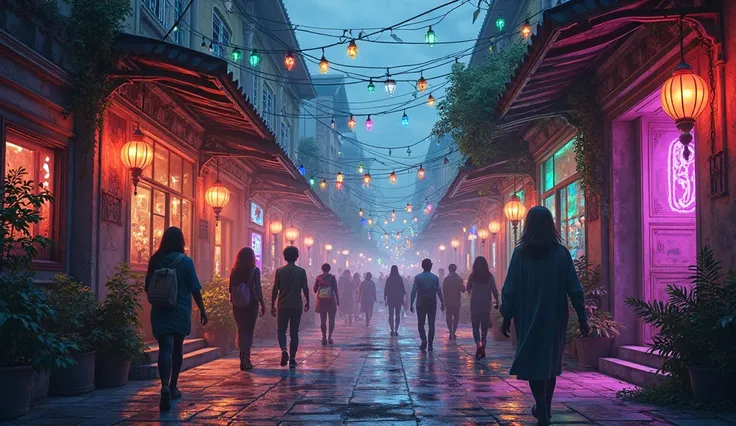 🔹 Vibrant spiritual neighborhood, mas decadente, with colorful and distorted lights.