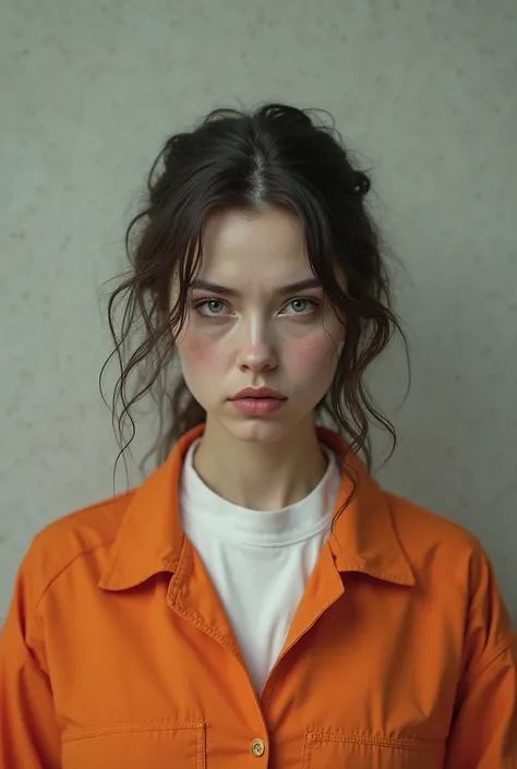 I want a PNG image of a female convicted Killer, Facial expression: Stern, cold, unremorseful. I want her to wear a whitr shirt ...