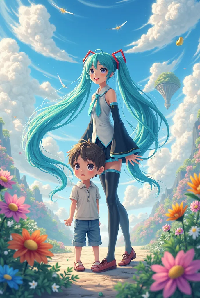   Hatsune Miku with brown boy with middle parting