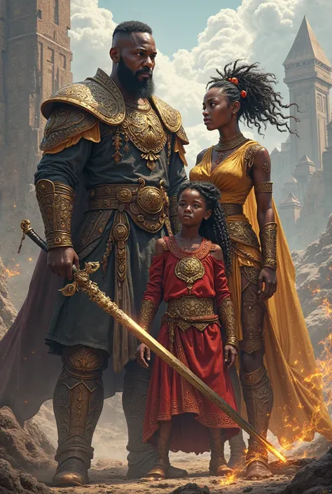 An RPG-style family of black humans with the father being a champion, The mother a magician and her son a swordsman 