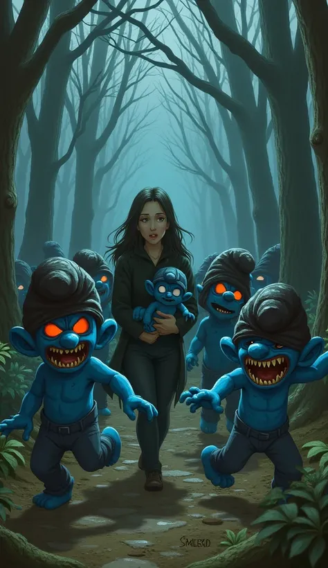 A group of creepy, twisted Smurfs with glowing red eyes and sharp teeth emerging from the shadows. Black hats, cracked blue skin...