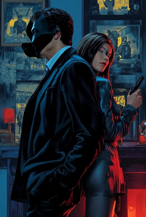 Hollywood spy detective movie poster: the mysterious man in the mantelpiece and the woman in the tight jacket standing on the ba...