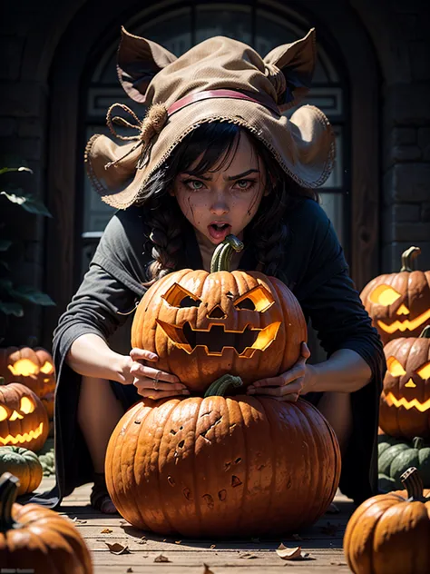 Pumpkin action, horror movie poster, with the words "PUMPKIN POISON" in the middle, the object of the witch vomiting in the midd...