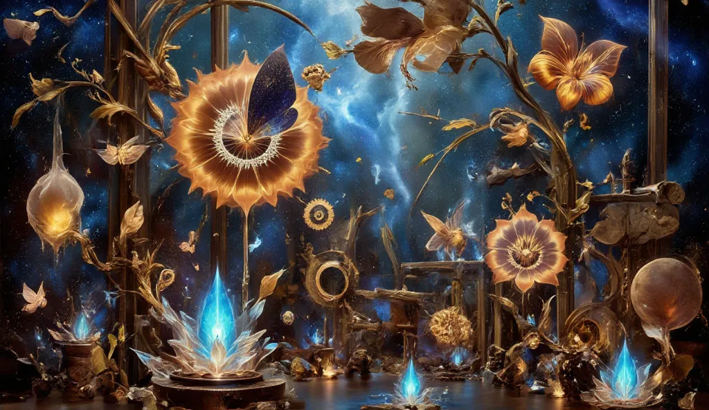 A surreal ink collision of a clockwork garden where metallic vines intertwine with bioluminescent flora. Cogs and gears form the...