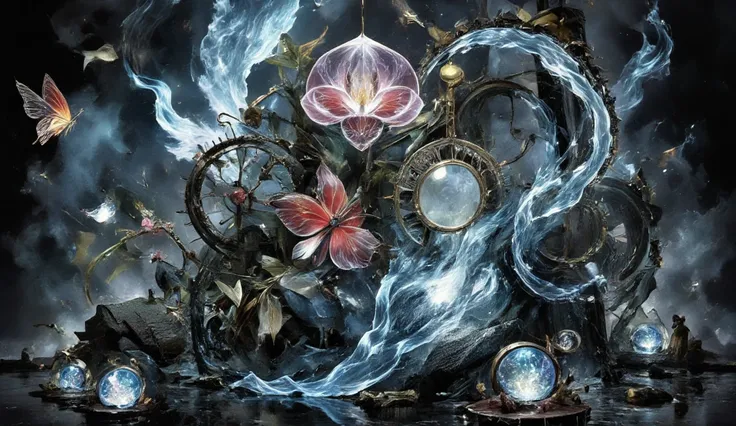 A surreal ink collision of a clockwork garden where metallic vines intertwine with bioluminescent flora. Cogs and gears form the...