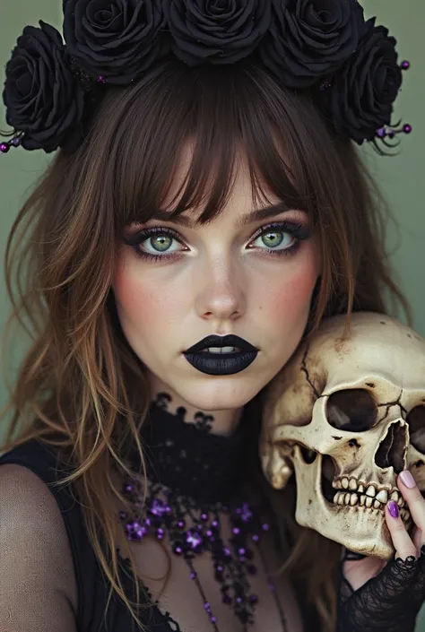 A beautiful, young woman with green eyes. Her brown hair with blonde streaks, have bangs. She wears black lipstick. She wears a ...