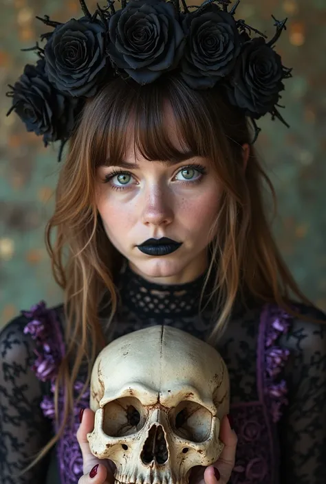 A beautiful, young woman with green eyes. Her brown hair with blonde streaks, have bangs. She wears black lipstick. She wears a ...