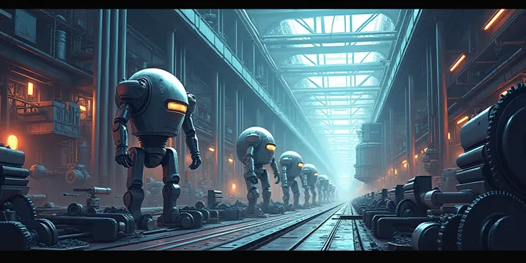 Robot factory without people, front view, anime pixel art ,  with up to 200 colors , without blurring or smoothing the pixels of...