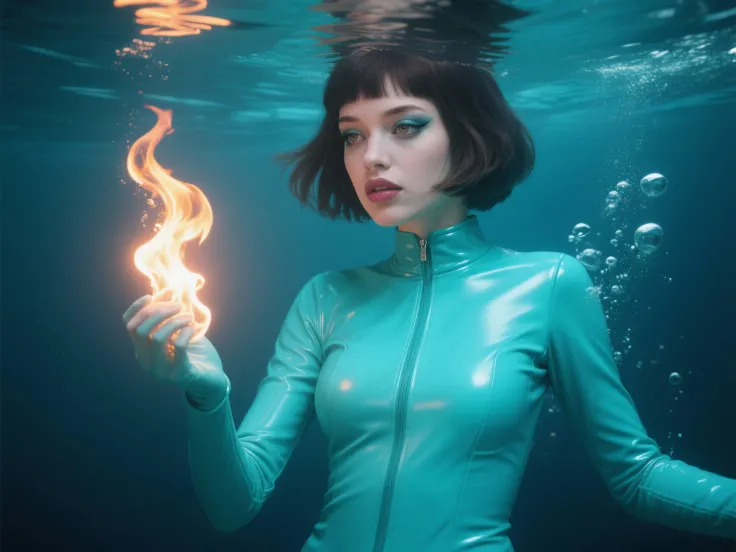 Dream, girl underwater holding a bright flame of fire. She is dressed in a turquoise rubber suit. Eye and face detailing, beauti...