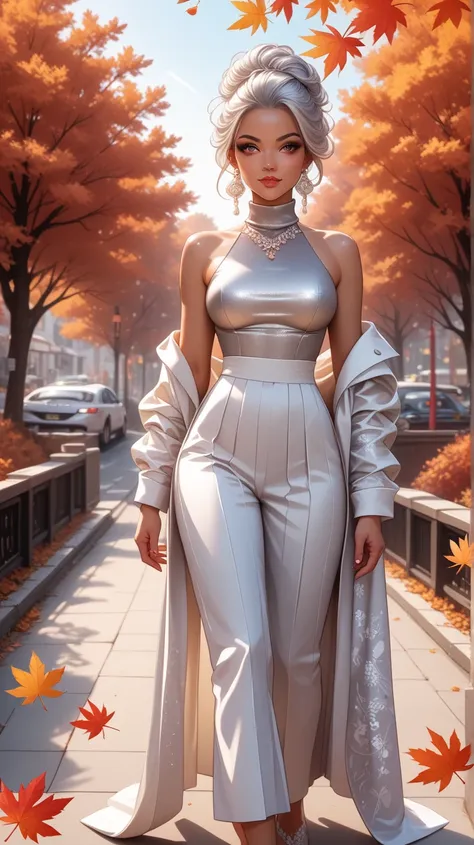 Front view. Ultra realistic. A slim yet curvy African-American silver-haired woman wearing a tailored coat over a turtleneck, wa...