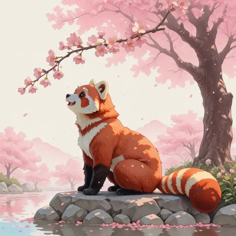red panda,spring,cherry blossom,watercolor,hand painting style