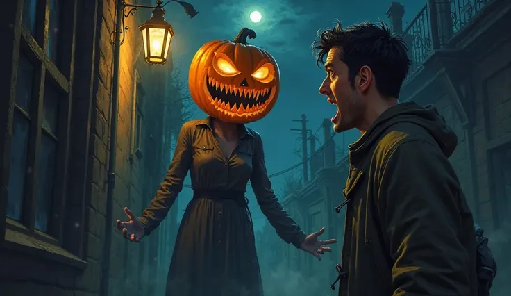 Man scared to see a woman with a pumpkin face at night