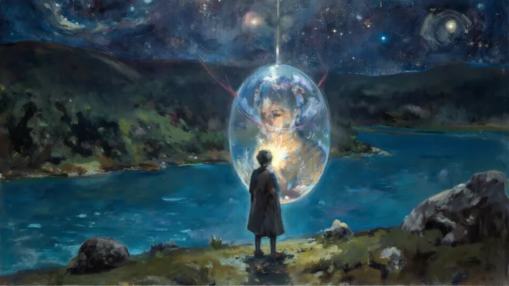 A lone figure gazes into a floating celestial mirror over a sapphire river — their reflection transforms into radiant light.