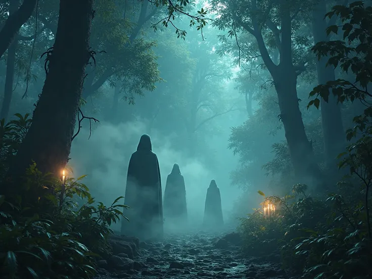 "A dark enchanted jungle at night, glowing fog, floating leaves, mysterious shadows"