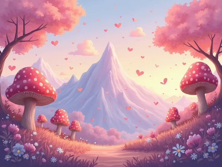 Cartoon background like a dreamy and fantasy type. The background should be like out of this world, the trees are like mushrooms...