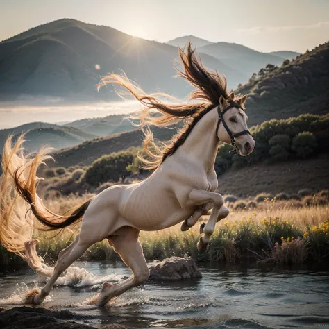 A majestic Prussian blue horse gallops with unbridled freedom across a golden horizon. Its powerful silhouette captures the esse...