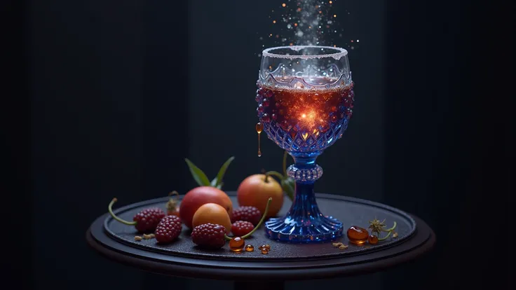 Subject: Blue gemstone goblet filled with amber-colored wine, floating herbs visible inside. Background: Ebony side table with f...