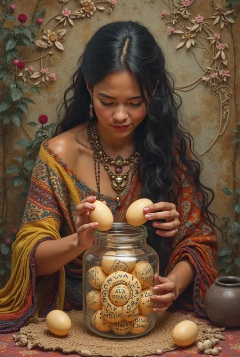 A young woman laying eggs in a jar with Aymara text