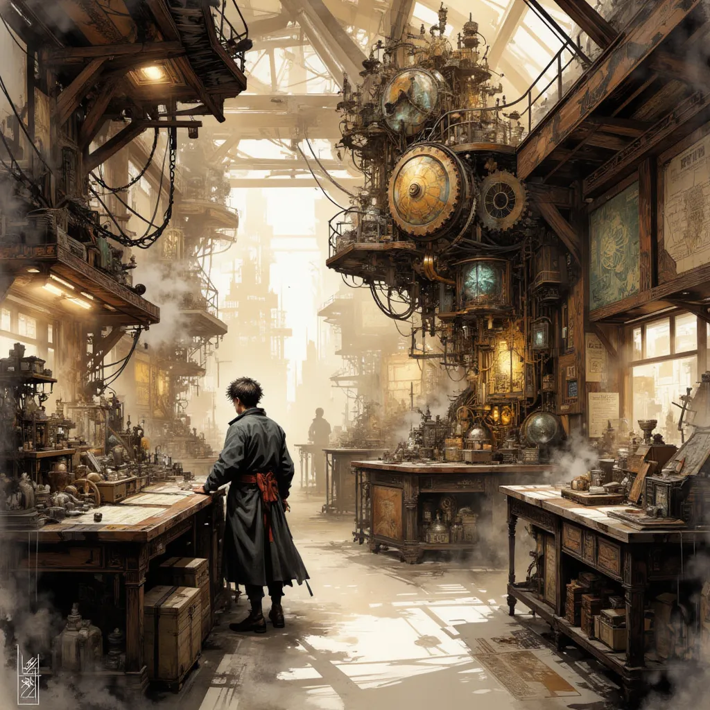 A dinkfsn style ink wash painting,Steampunk inventor's laboratory, filled with blueprints, gears, and mechanical devices, illumi...
