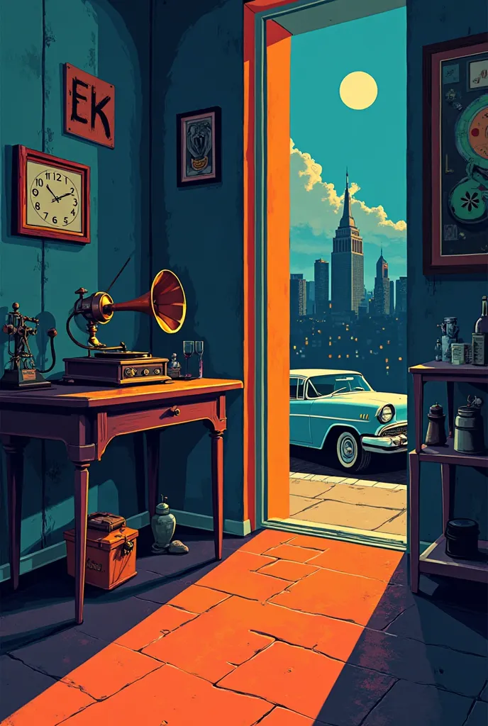 This artwork features a neo-noir pop art style, blending vibrant colors and high contrast to create a visually striking scene. K...