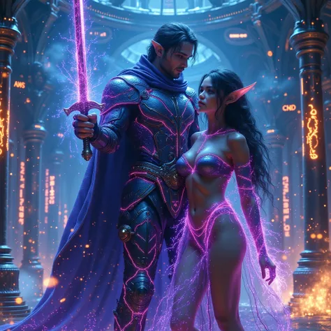 A digital painting in an epic-fantasy style mixed with cyberpunk, inspired by The Lord of the Rings and Tron. The hero stands in...