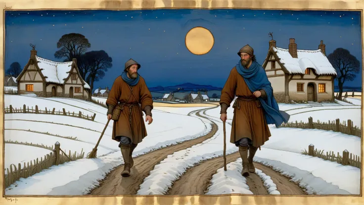 Prompt 1: "A weary peasant trudging home at dusk through muddy snow, scarf-wrapped hands and russet tunic, as a twilight sky glo...