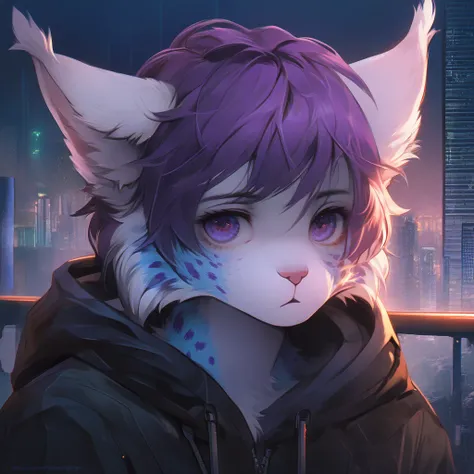 A close-up shot, head_visible, purple_hair, anthropomorphic, feline, blue_spots, purple_spots, lynx_spots, leaning, concrete, ba...